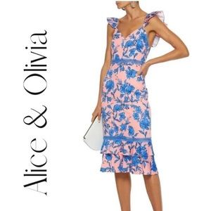 Alice + Olivia Jade Ruffle Trimmed Floral Print Stretch-Cotton Midi Dress